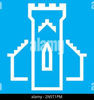Blue and white vector graphic of a map symbol for a historic site in Scotland. It consists of a church and a castle merged together Stock Vector