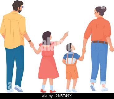 Family walking rear view. Parents and kids together isolated on white background Stock Vector