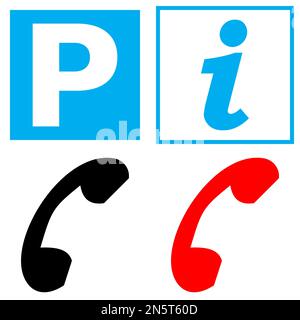 Vector graphic set of map symbols. A blue and white parking sign, a blue and white information office sign, a black public telephone and a red emergen Stock Vector