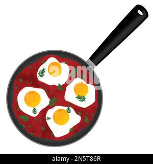 Shakshouka (shakshuka) served in a frying pan with parsley on a white background, vector illustration Stock Vector