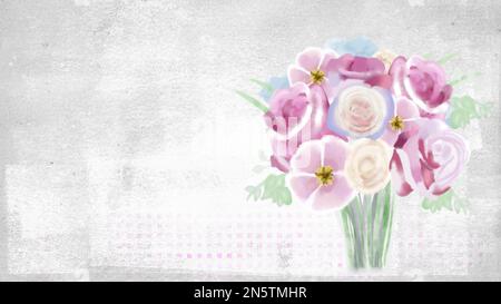 Vector with pastel colored bouquet of flowers in a vase. Watercolor with paper texture and vintage textures. Copy Space. Stock Vector