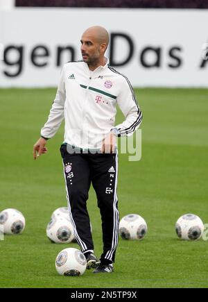 Bayern Munich's head coach Pep Guardiola attends a training session at the ASPIRE Academy for Sports Excellence in Doha, Qatar, Monday, Jan. 6, 2013. (AP Photo/Osama Faisal)