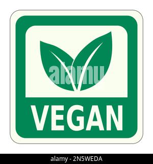 Green and cream Vegan vector graphic sign. It consists of a rounded green square with a cream panel containing two leaves, all above the word Vegan Stock Vector