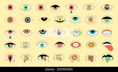 Retro boho eyes set. Psychedelic groovy hippie eye collection. Vintage hippy crazy various esoteric pupil sticker pack. Abstract 60s, 70s, 80s trendy style y2k vector eps illustration Stock Vector