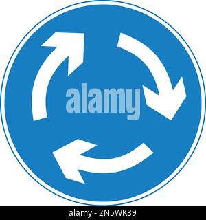 Vector graphic of a uk mini roundabout road sign. It consists of three circular arrows in a clockwise direction contained within a blue circle Stock Vector