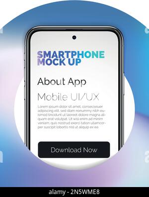 Smart phone black frame display front view mockup for presentation. Vector modern digital device template. Realistic smartphone mock up. Smartphone with blank screen design in blue gradient circle. Stock Vector