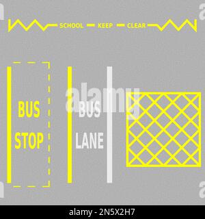 A set of white and yellow vector graphic road markings which are painted on to the surface of the road Stock Vector