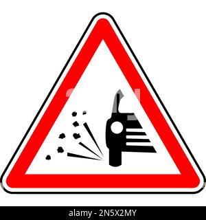 Red and black vector graphic of a loose chippings sign. The sign consists of a red warning triangle with the silhouette of a car throwing up gravel ch Stock Vector