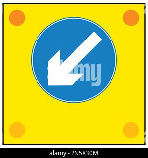 Vector graphic of a rectangular yellow sign warning of Slow-moving or stationary works vehicle blocking a traffic lane. Pass in the direction shown by Stock Vector