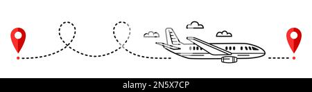Airplane flight route path, aircraft travel line trace icon. Plane fly way. Air transport location tracking. Airliner trip. GPS map pin pointer vector Stock Vector
