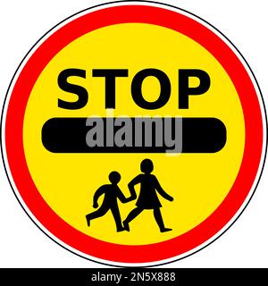 Vector graphic of a uk warning of a children crossing ahead road sign. It consists of a two children holding hands crossing the road on a yellow backg Stock Vector
