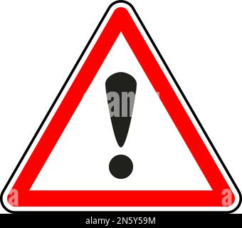 Vector graphic of a uk danger ahead road sign. It consists of a exclamation mark symbol contained within a red triangle Stock Vector