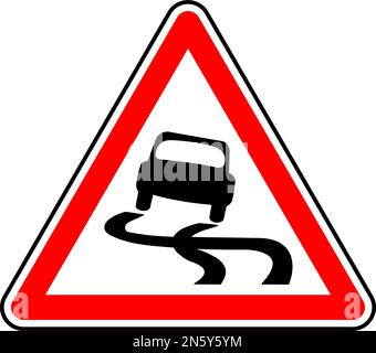 Vector graphic of a uk slippery surface road sign. It consists of a depiction of a car and curved skid marks contained within a red triangle Stock Vector