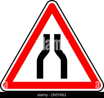 Vector graphic of a uk road narrows on both sides road sign. It consists of a depiction of the road layout contained within a red triangle Stock Vector