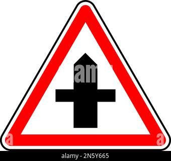 Vector graphic of a uk crossroad ahead road sign. It consists of a crossroad symbol contained within a red triangle Stock Vector