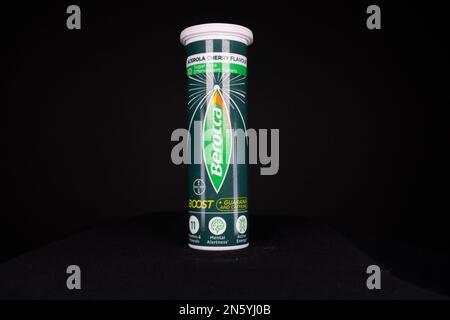 EXETER, DEVON, UK - JANUARY 17, 2023 Berocca is a brand of effervescent drink and vitamin tablets manufactured by Bayer product tube Stock Photo