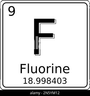 Black and white vector graphic of the symbol of the fluorine (F) element on the periodic table of elements. It also contains the atomic number and ato Stock Vector