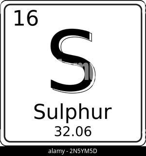 Black and white vector graphic of the symbol of the Sulphur (S) element on the periodic table of elements. It also contains the atomic number and atom Stock Vector
