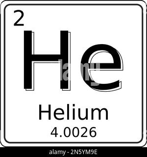 Black and white vector graphic of the symbol of the Helium (He) element on the periodic table of elements. It also contains the atomic number and atom Stock Vector