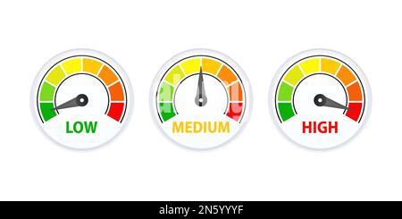 Low, Medium and High gauges speedometer, indicators. Rating Speed Meter. Stock Vector