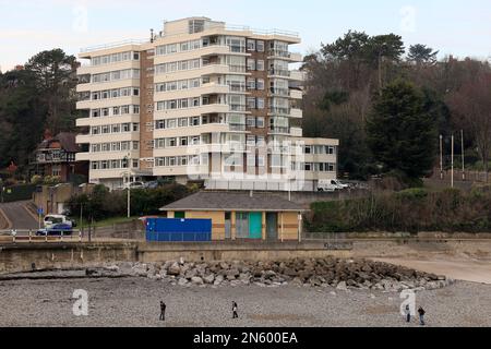 Seabank Flats Apartment Block on the seafront, Penarth, Vale of Glamorgan, South Wales. Taken February 2023. winter Stock Photo