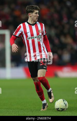 Sunderland, US, 8th February 2023. Trai Hume of Sunderland during the FA Cup Fourth Round replay between Sunderland and Fulham at the Stadium Of Light, Sunderland on Wednesday 8th February 2023. (Photo: Mark Fletcher | MI News) Credit: MI News & Sport /Alamy Live News Stock Photo