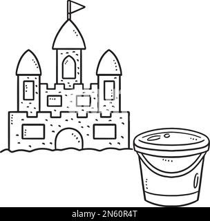 Sand Castle and Bucket Isolated Coloring Page  Stock Vector