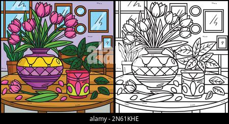 Spring Flowers In A Vase Coloring Illustration Stock Vector