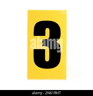 Yellow crime scene marker with number three on white background Stock Photo