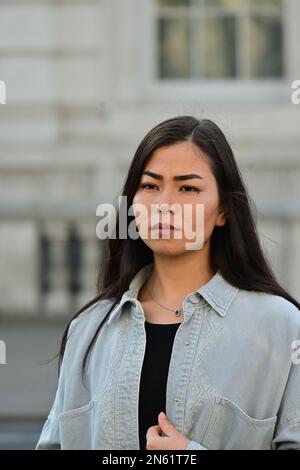 Westminster, London, UK, February 9 2023.  Tourists taking photo at Whitehall, London, UK. Photo taken date: February 9 2023. Stock Photo