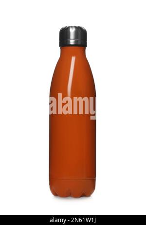 Modern closed orange thermo bottle isolated on white Stock Photo