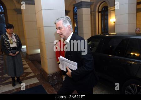 King Philippe - Filip of Belgium arrives to welcome Ukraine president Volodymyr Zelensky ahead of a diplomatic meeting at the Royal Palace in Brussels on Thursday 09 February 2023. Ukraine President Zelensky is visiting Brussels to address the Summit of European Government leaders. DIDIER LEBRUN/Pool via REUTERS