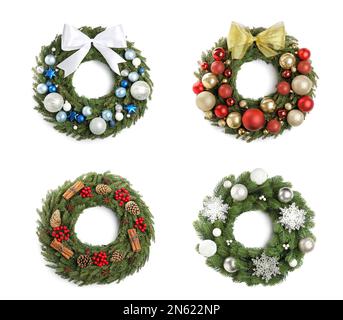 Set of beautiful Christmas wreaths isolated on white Stock Photo - Alamy