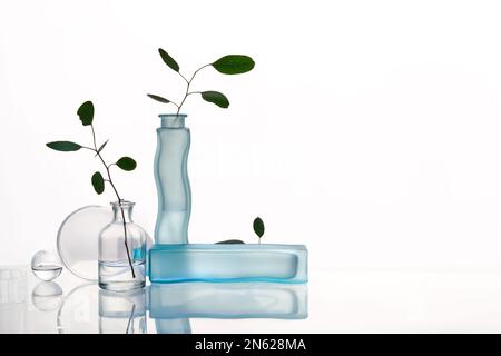 Monochromatic Surrealism - Transparent Flask and Water-filled vases with Eucalyptus on Glass Table Stock Photo