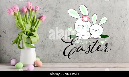 Easter greeting card with tulips, bunnies and painted eggs Stock Photo