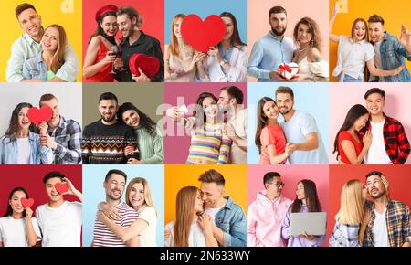Set of happy loving couple on color background Stock Photo