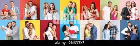 Collage of happy loving couple on color background Stock Photo