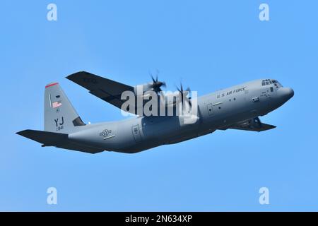 Tokyo, Japan - July 16, 2018: United States Air Force Lockheed Martin C-130J-30 Super Hercules transport aircraft. Stock Photo