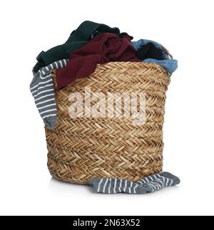 Wicker laundry basket with clothes isolated on white Stock Photo