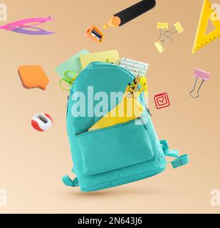 Backpack surrounded by flying school stationery on pale orange background Stock Photo