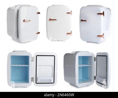 Set with mini refrigerators for cosmetics on white background Stock Photo