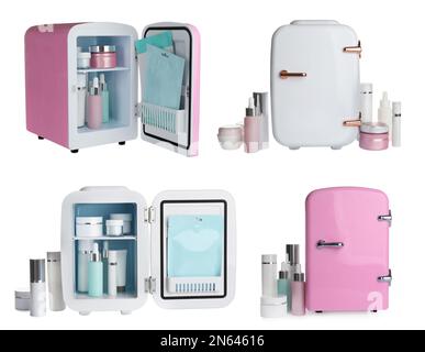 Set with mini refrigerators for cosmetics on white background Stock Photo