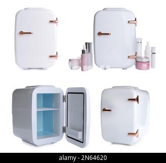 Set with mini refrigerators for cosmetics on white background Stock Photo