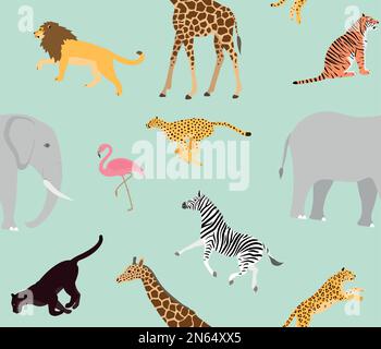 Vector seamless pattern of flat african wild animals isolated on mint background Stock Vector