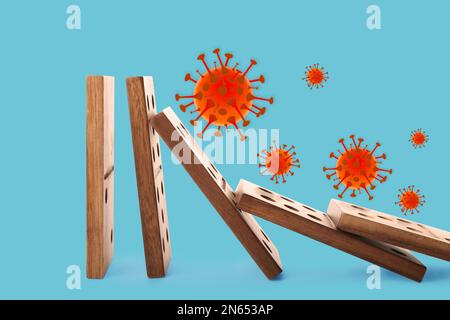 Concept of spreading coronavirus. Wooden domino tiles falling on blue background Stock Photo