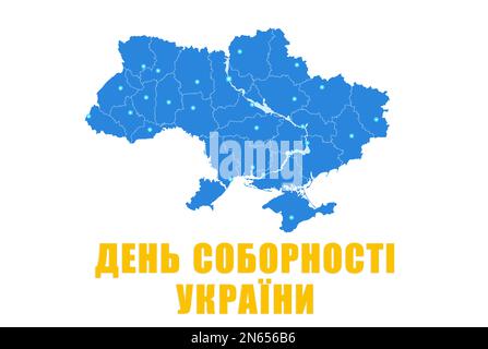 Unity Day of Ukraine poster design. Country outline and text written in Ukrainian on white background, illustration Stock Photo