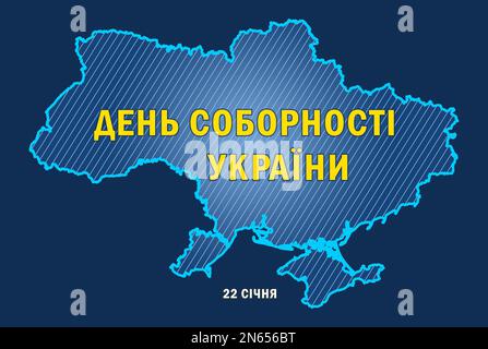 Unity Day of Ukraine poster design. Country outline and text written in Ukrainian on dark blue background, illustration Stock Photo