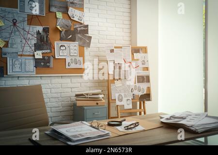 Modern detective office with workplace and board Stock Photo - Alamy