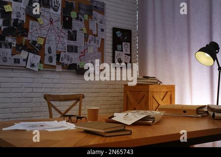 Detective office interior with workplace and investigation board Stock ...
