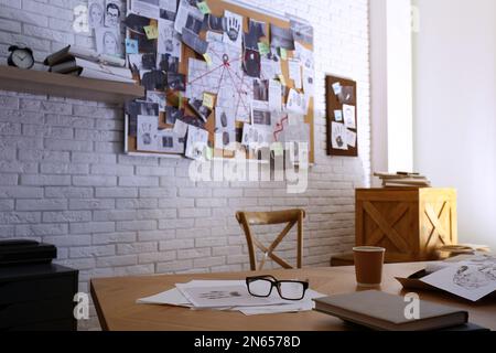 Detective office interior with workplace and investigation board Stock ...